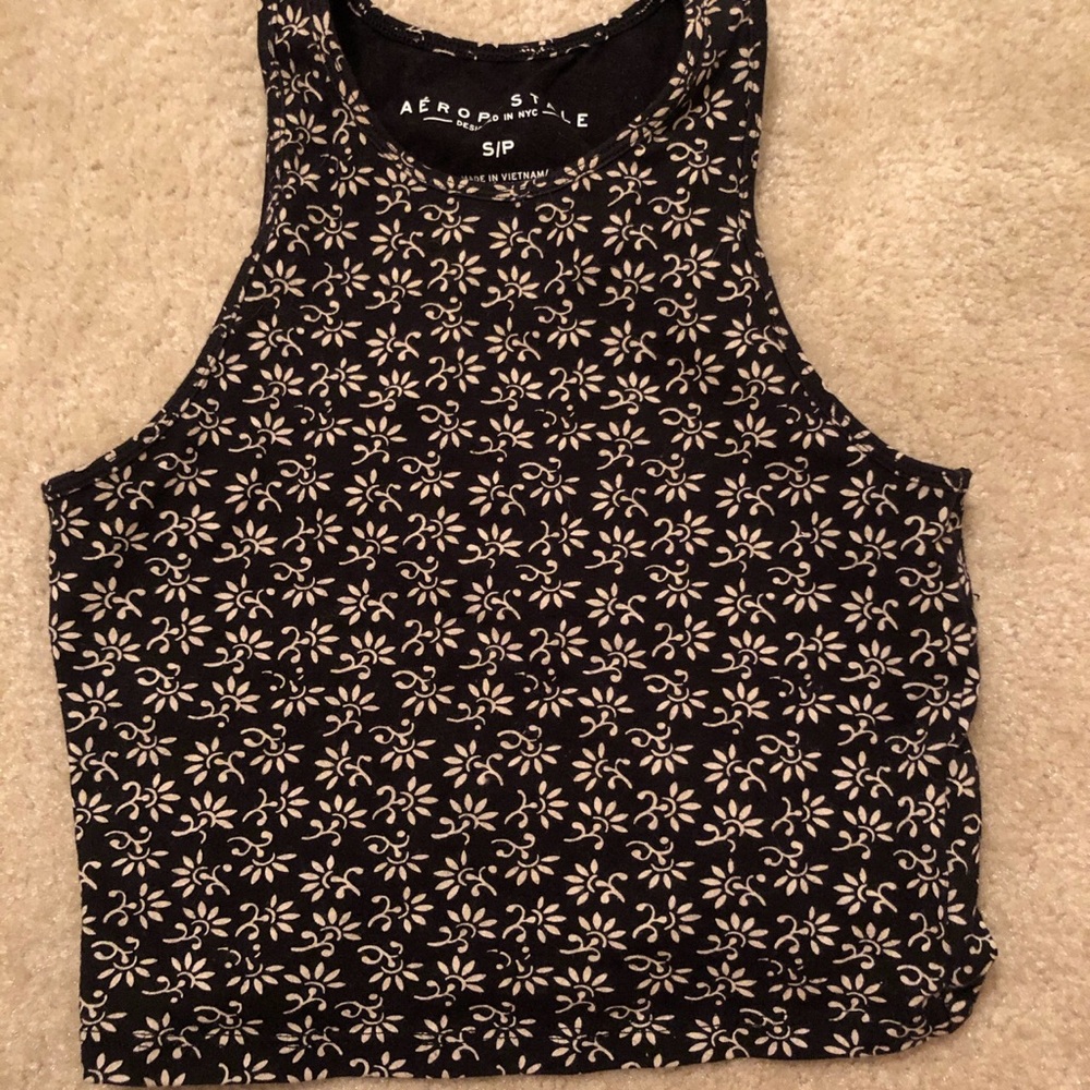 a black and white pattern crop top